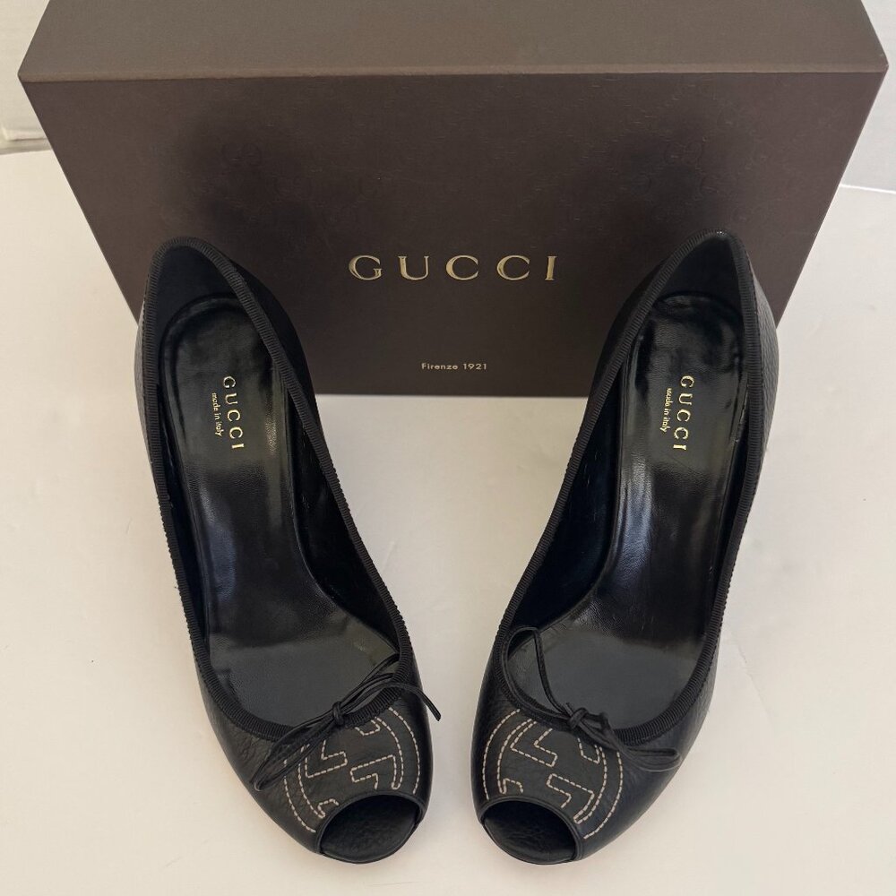 Gucci Black Leather Peep-toe Wedge Pumps with Box and Dust bag - Picture 2 of 9